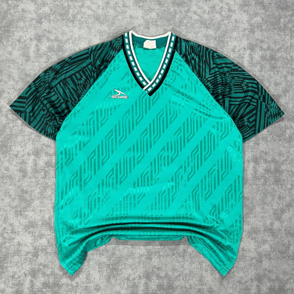 VTG Score Soccer Jersey USA Made Green Black Geometric #12 V-Neck Mens Medium